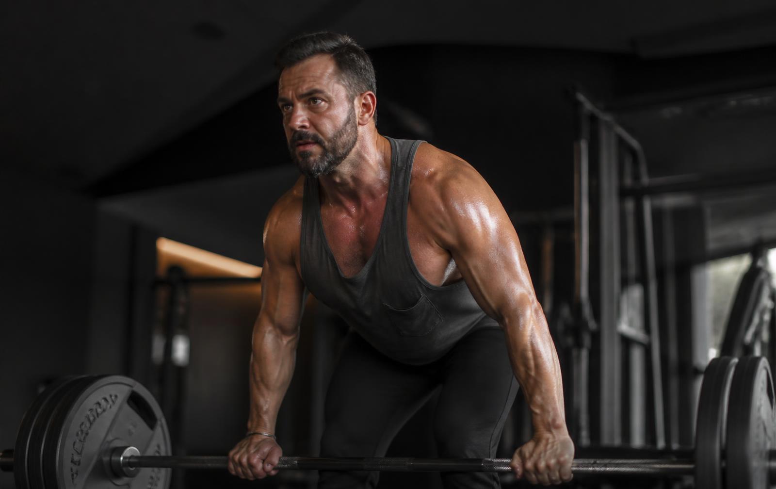 Man in his forties lifting dumbbells in a concrete gym